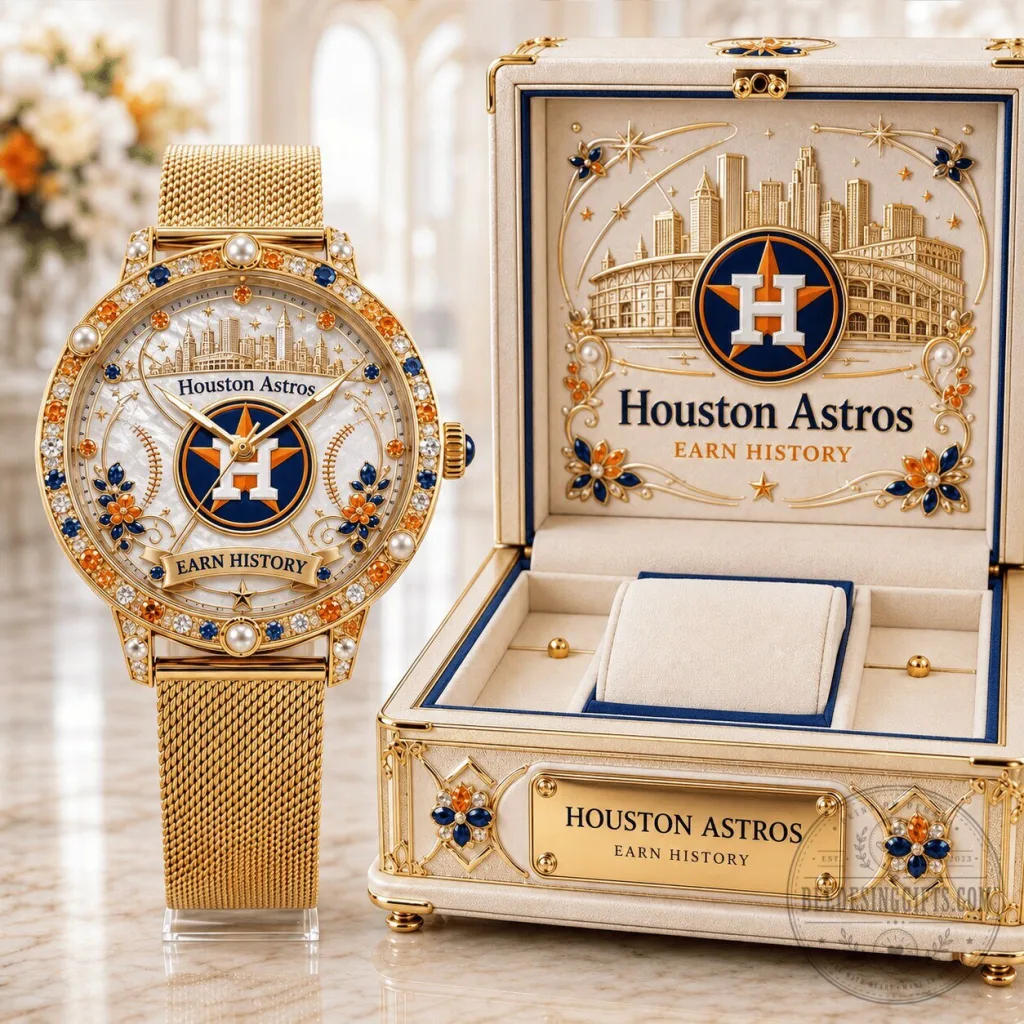 Houston Astros Women's Gold Tone Mesh Bracelet Watch with Gemstone Bezel Houston Astros Women's Gold Tone Mesh Bracelet Watch with Gemstone Bezel