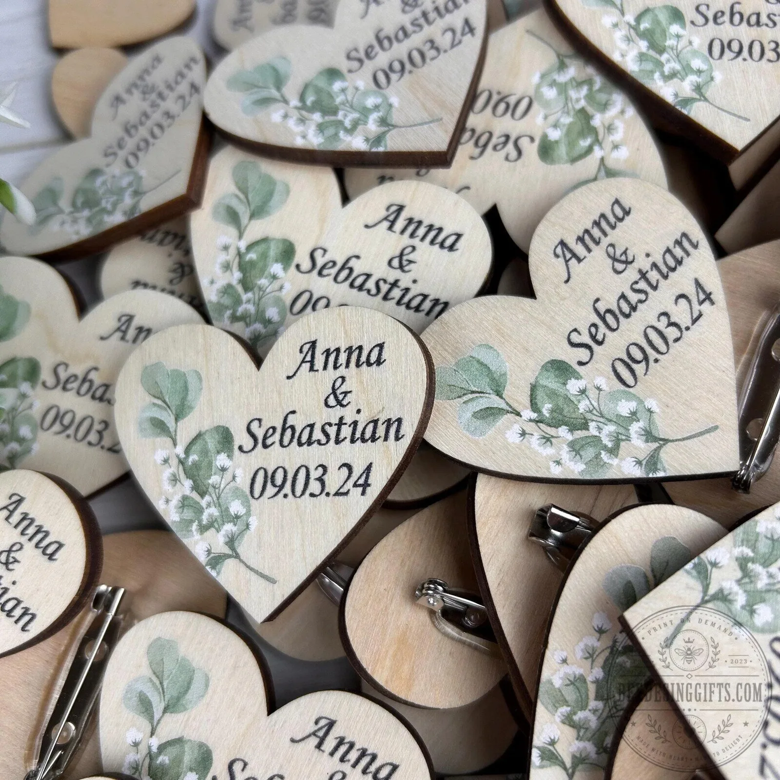 Personalized Heart Shaped Wooden Wedding Boutonniere Pin with Eucalyptus Design
