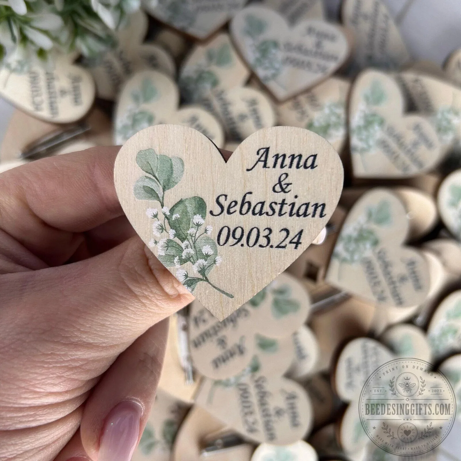 Personalized Heart Shaped Wooden Wedding Boutonniere Pin with Eucalyptus Design 12 Personalized Heart Shaped Wooden Wedding Boutonniere Pin with Eucalyptus Design