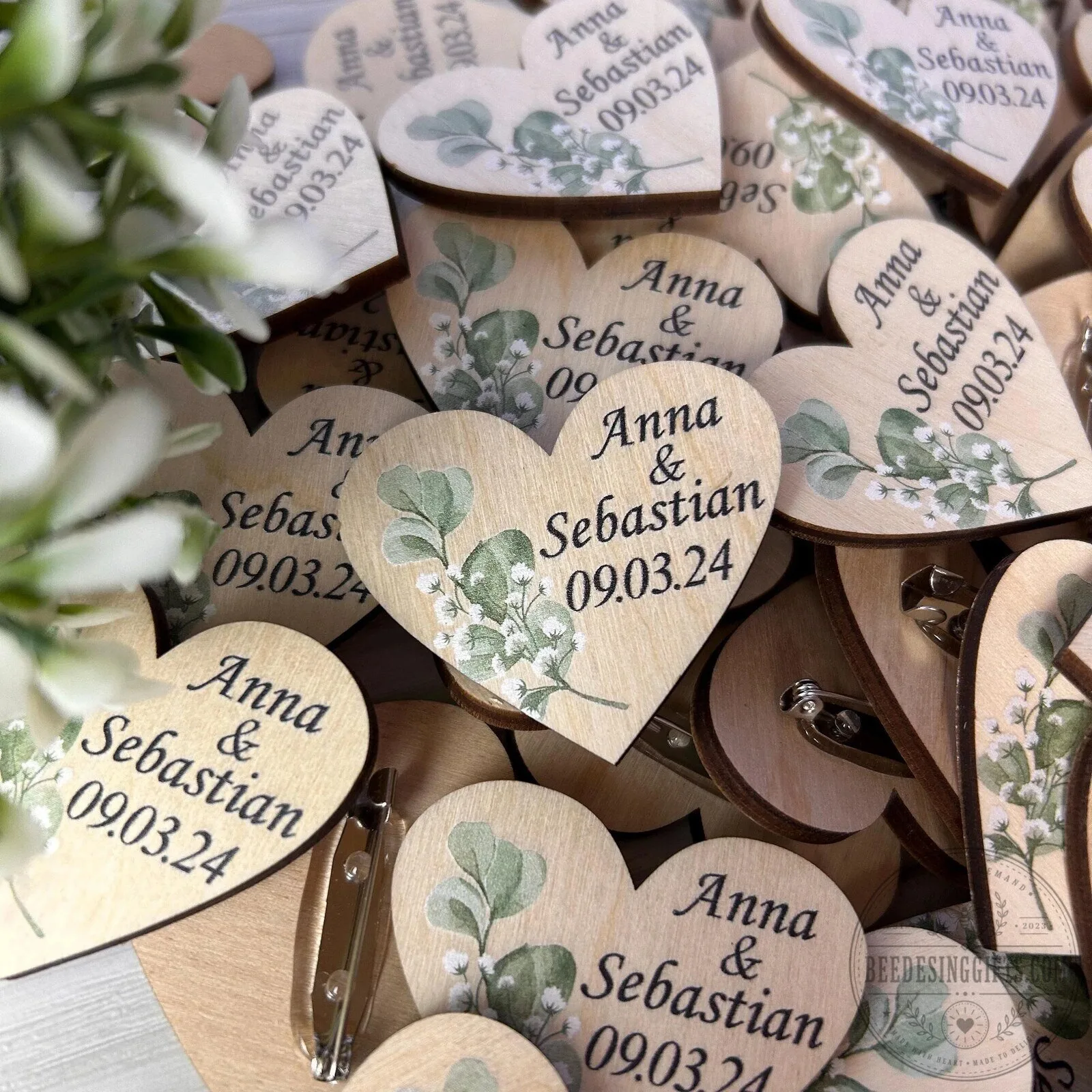 Personalized Heart Shaped Wooden Wedding Boutonniere Pin with Eucalyptus Design 13 Personalized Heart Shaped Wooden Wedding Boutonniere Pin with Eucalyptus Design