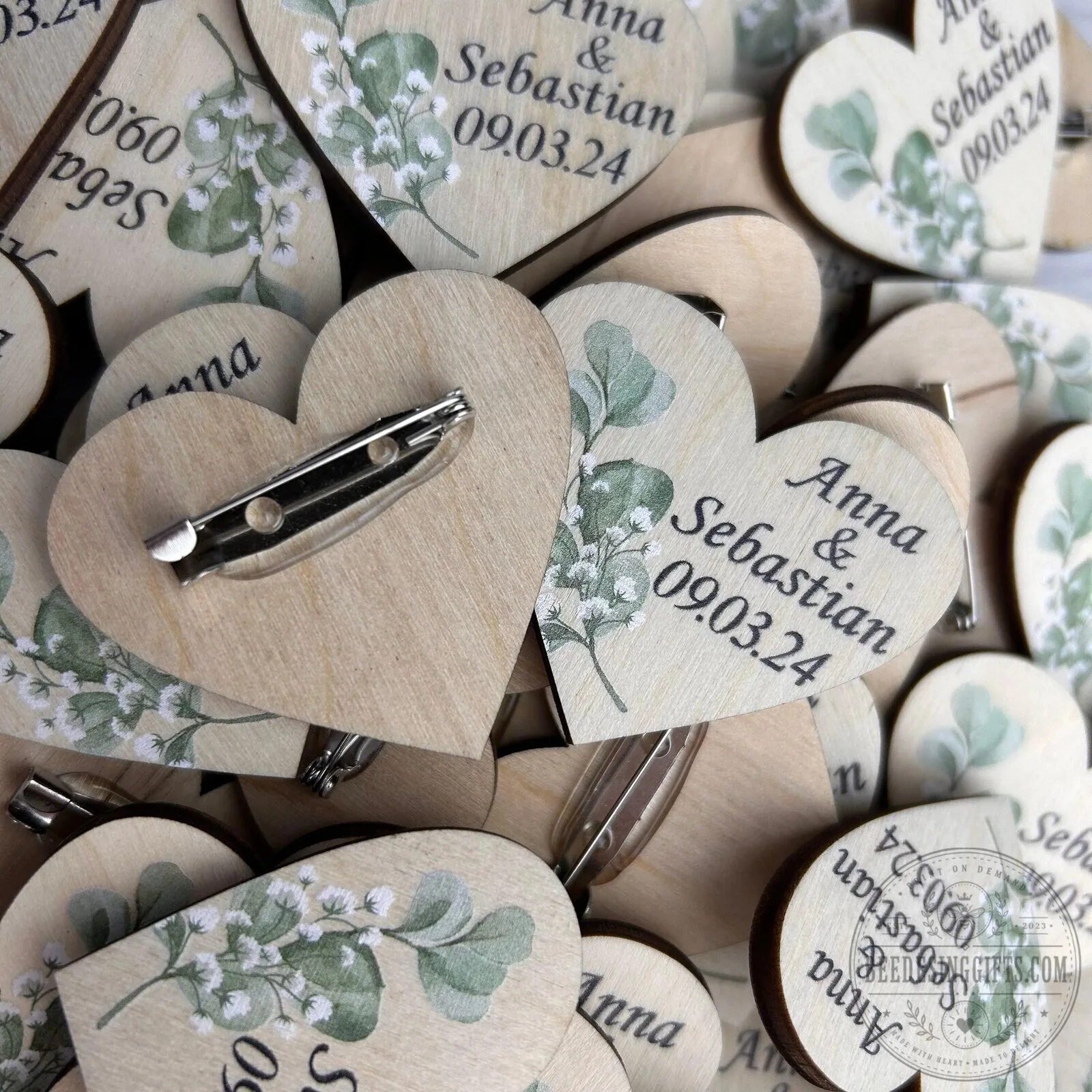 Personalized Heart Shaped Wooden Wedding Boutonniere Pin with Eucalyptus Design 14 Personalized Heart Shaped Wooden Wedding Boutonniere Pin with Eucalyptus Design