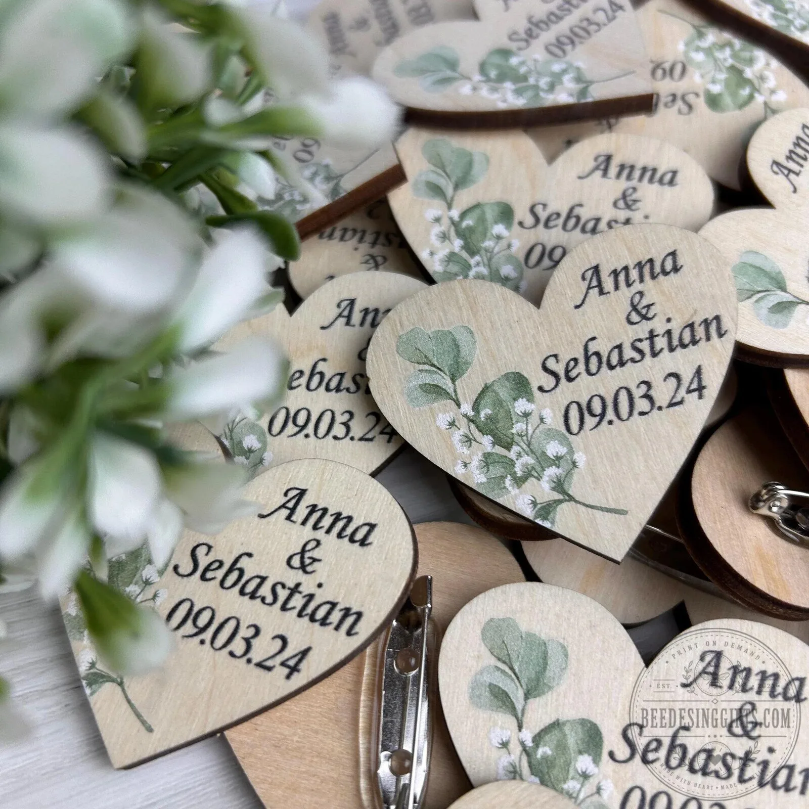 Personalized Heart Shaped Wooden Wedding Boutonniere Pin with Eucalyptus Design 15 Personalized Heart Shaped Wooden Wedding Boutonniere Pin with Eucalyptus Design