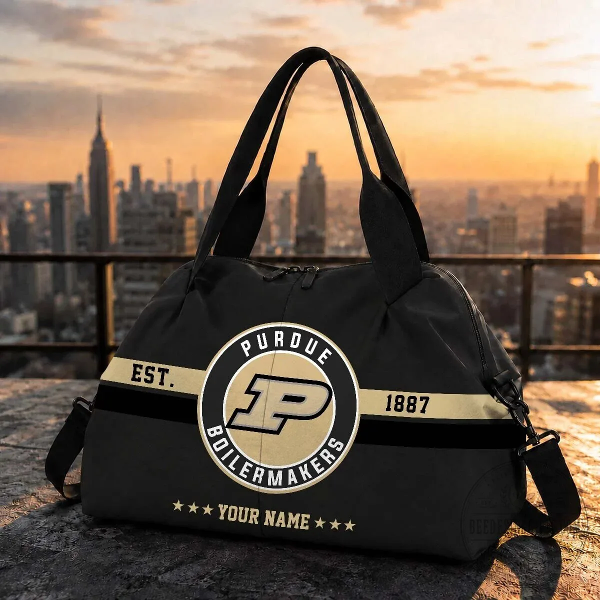 Purdue Boilermakers Personalized Black and Gold Striped Duffle Bag
