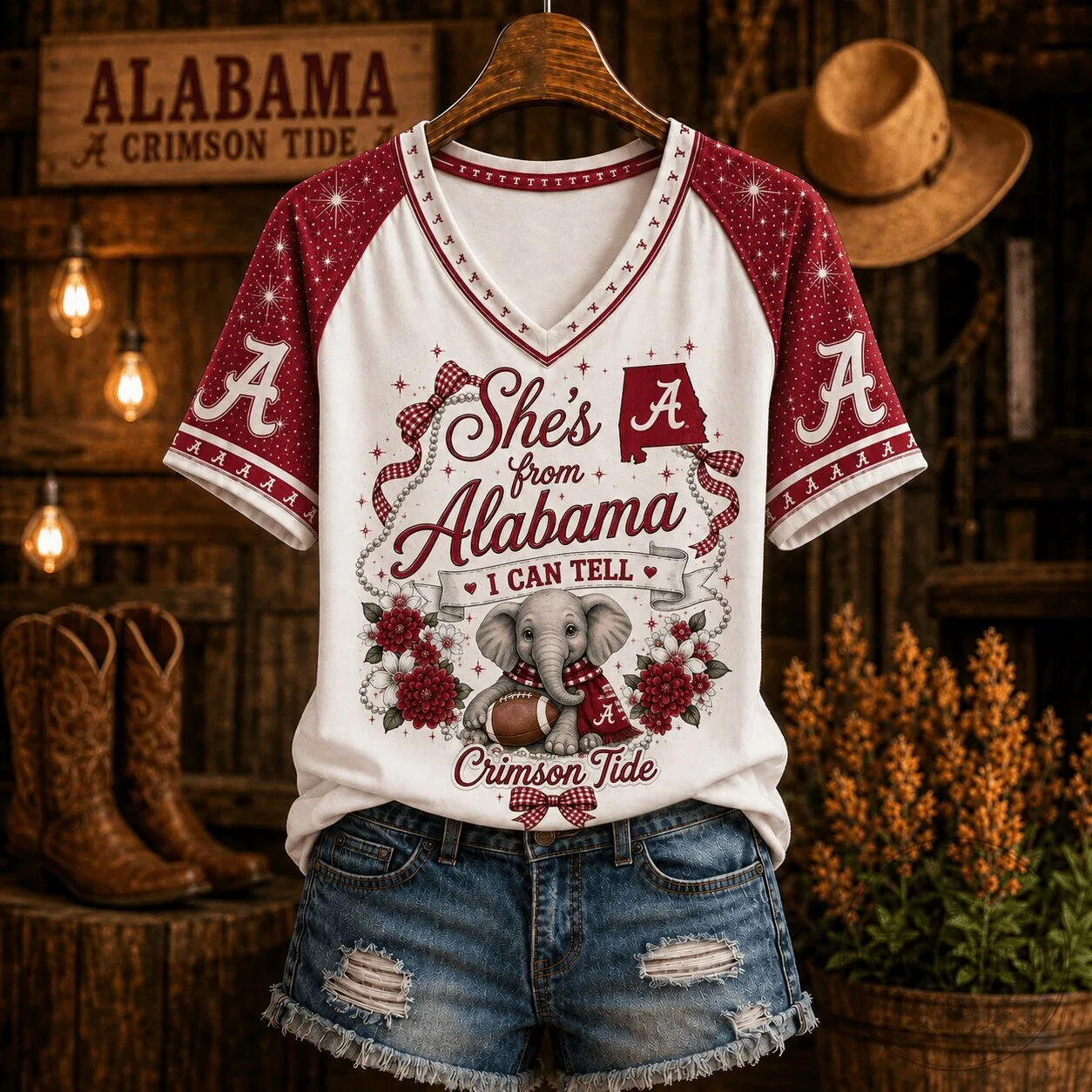 Alabama Crimson Tide Elephant Football Fan V-Neck Raglan T-Shirt