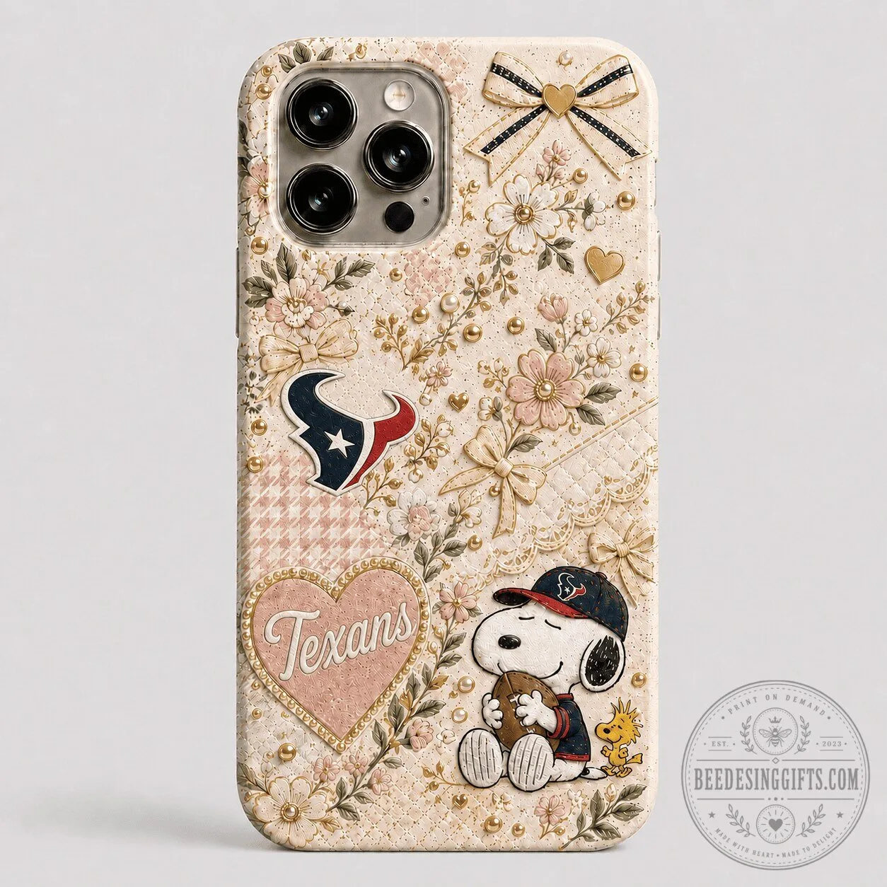 Houston Texans Football Team Snoopy Floral Quilted Phone Case for iPhone