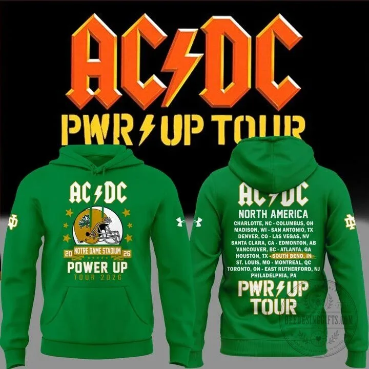 Notre Dame Football AC/DC Power Up Tour 2026 Green Hoodie 4 Notre Dame Football AC/DC Power Up Tour 2026 Green Hoodie
