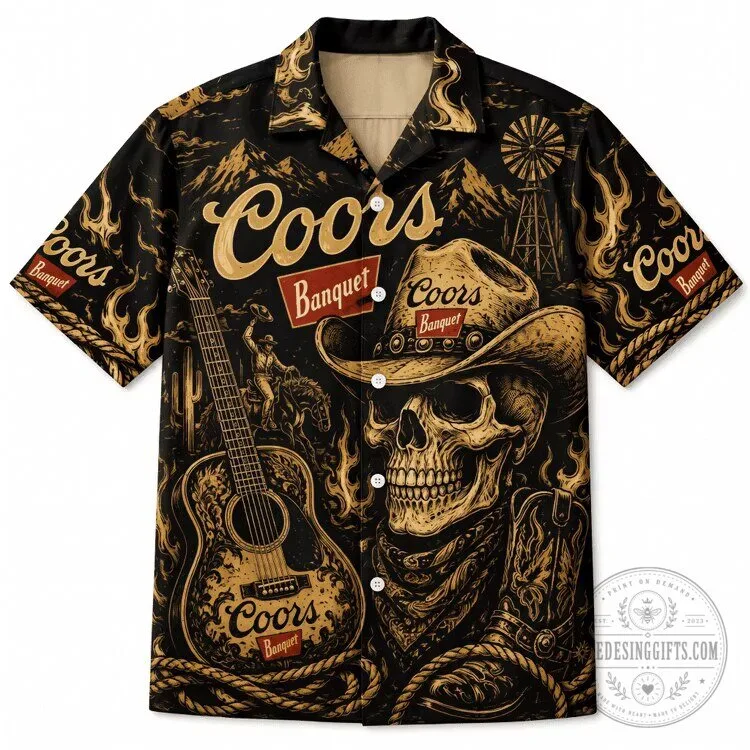 Coors Banquet Beer Skull Cowboy Western Style Hawaiian Shirt 1 Coors Banquet Beer Skull Cowboy Western Style Hawaiian Shirt