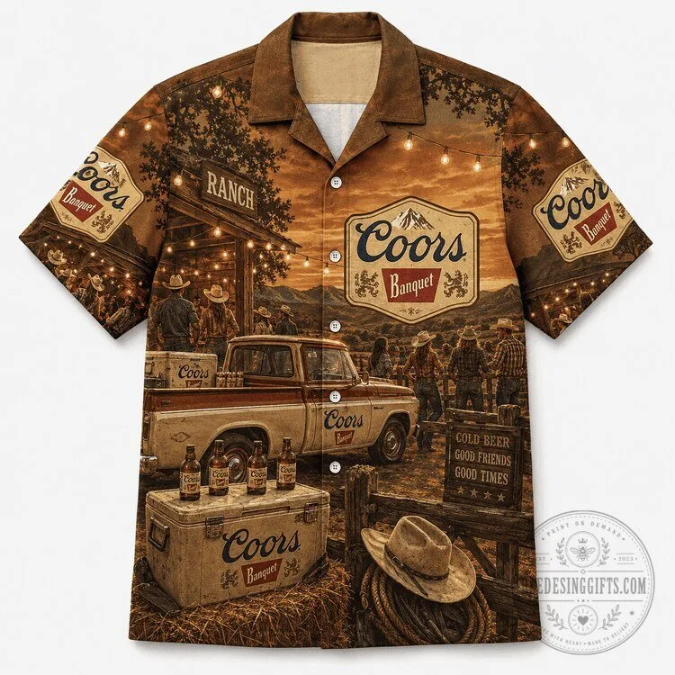 Coors Banquet Beer Ranch Party Western Style Hawaiian Shirt