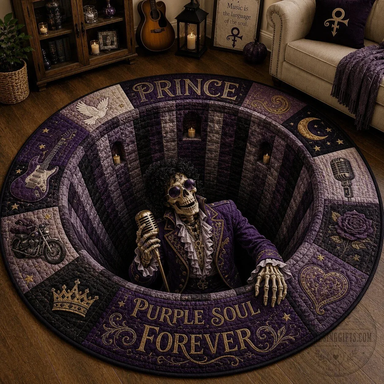 Prince Purple Soul Forever Skeleton Quilted Round Floor Mat