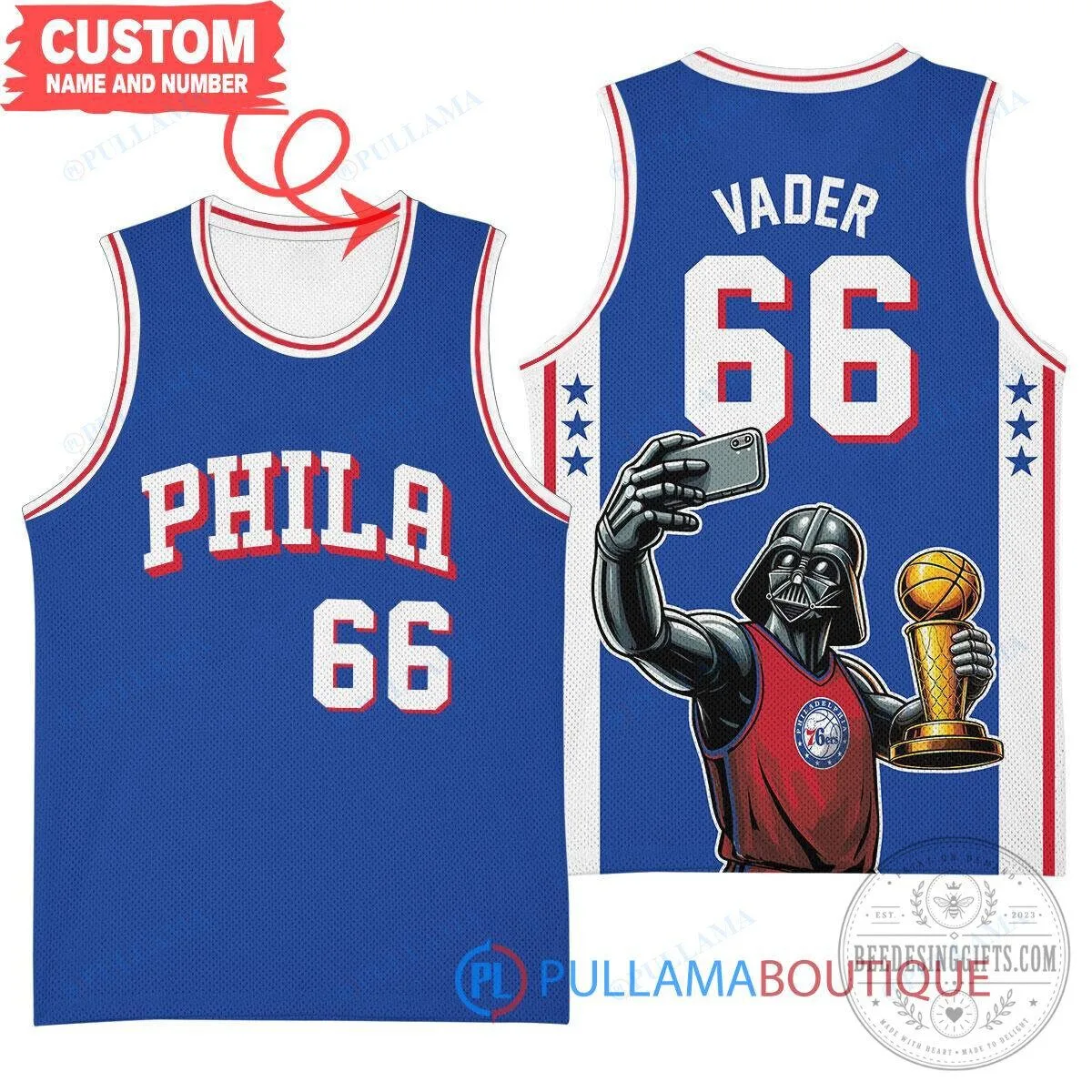 Philadelphia 76ers Darth Vader Star Wars Basketball Jersey with Larry O'Brien Trophy