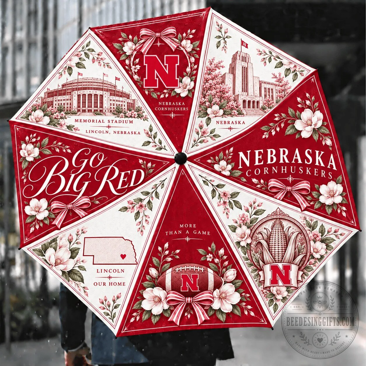 Nebraska Cornhuskers Floral Pattern Go Big Red Compact Folding Umbrella