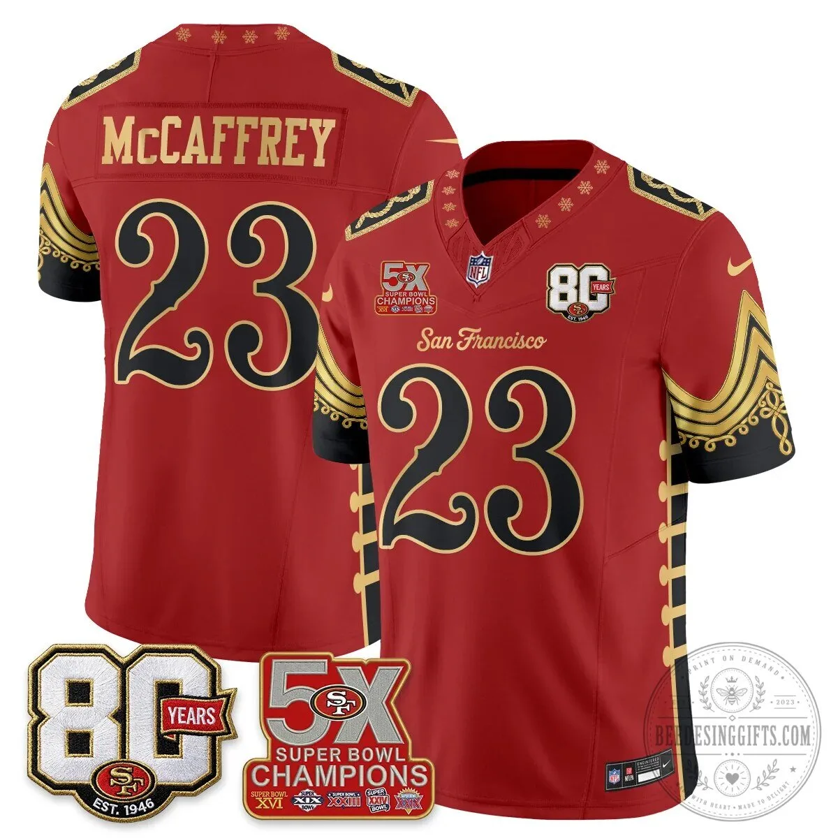San Francisco 49ers Christian McCaffrey Christmas Nutcracker Football Jersey 64 San Francisco 49ers Christian McCaffrey Christmas Nutcracker Football Jersey