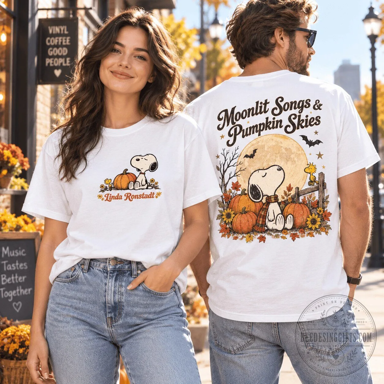 Linda Ronstadt Moonlit Songs Snoopy Pumpkin Skies Autumn Graphic T-Shirt