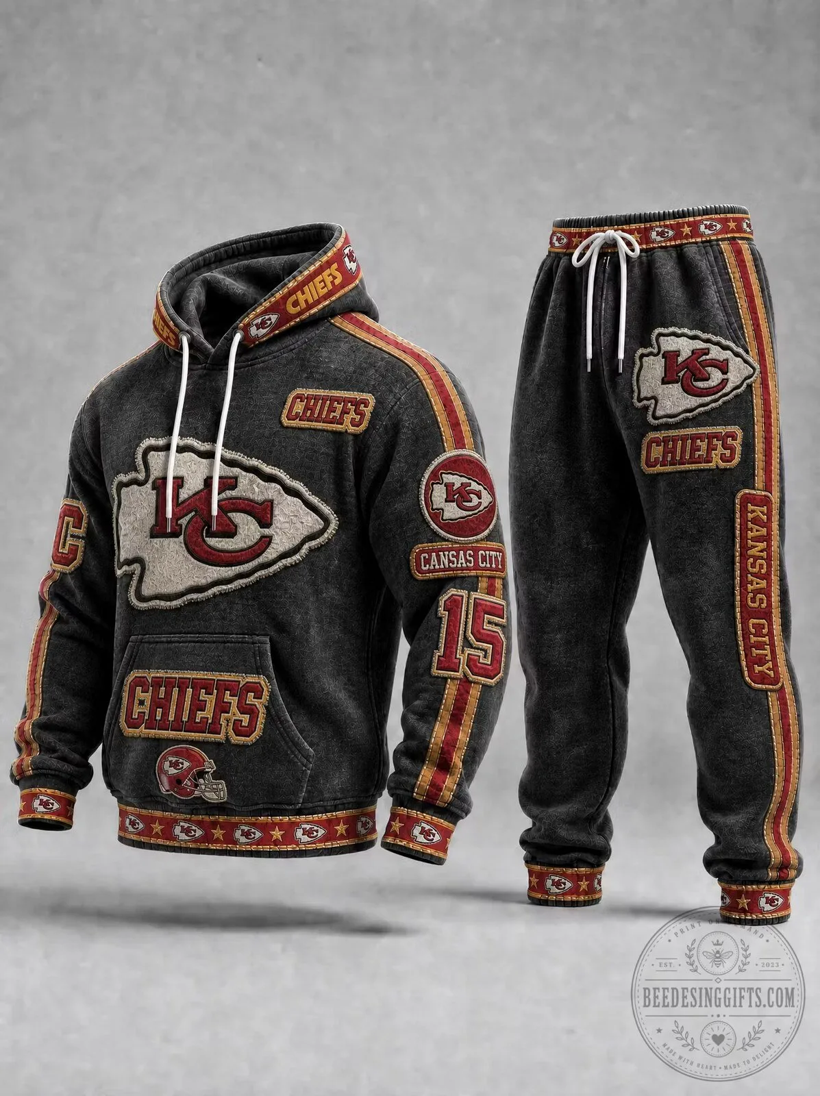 Kansas City Chiefs Football Team Vintage Washed Charcoal Hoodie and Sweatpants Set