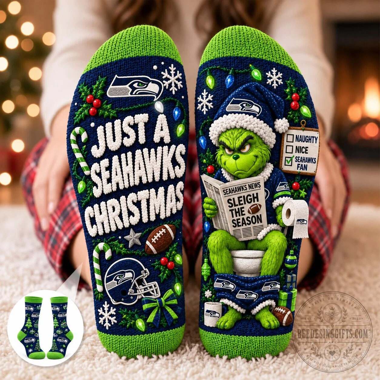Seattle Seahawks Grinch Christmas Holiday Funny Football Team Socks