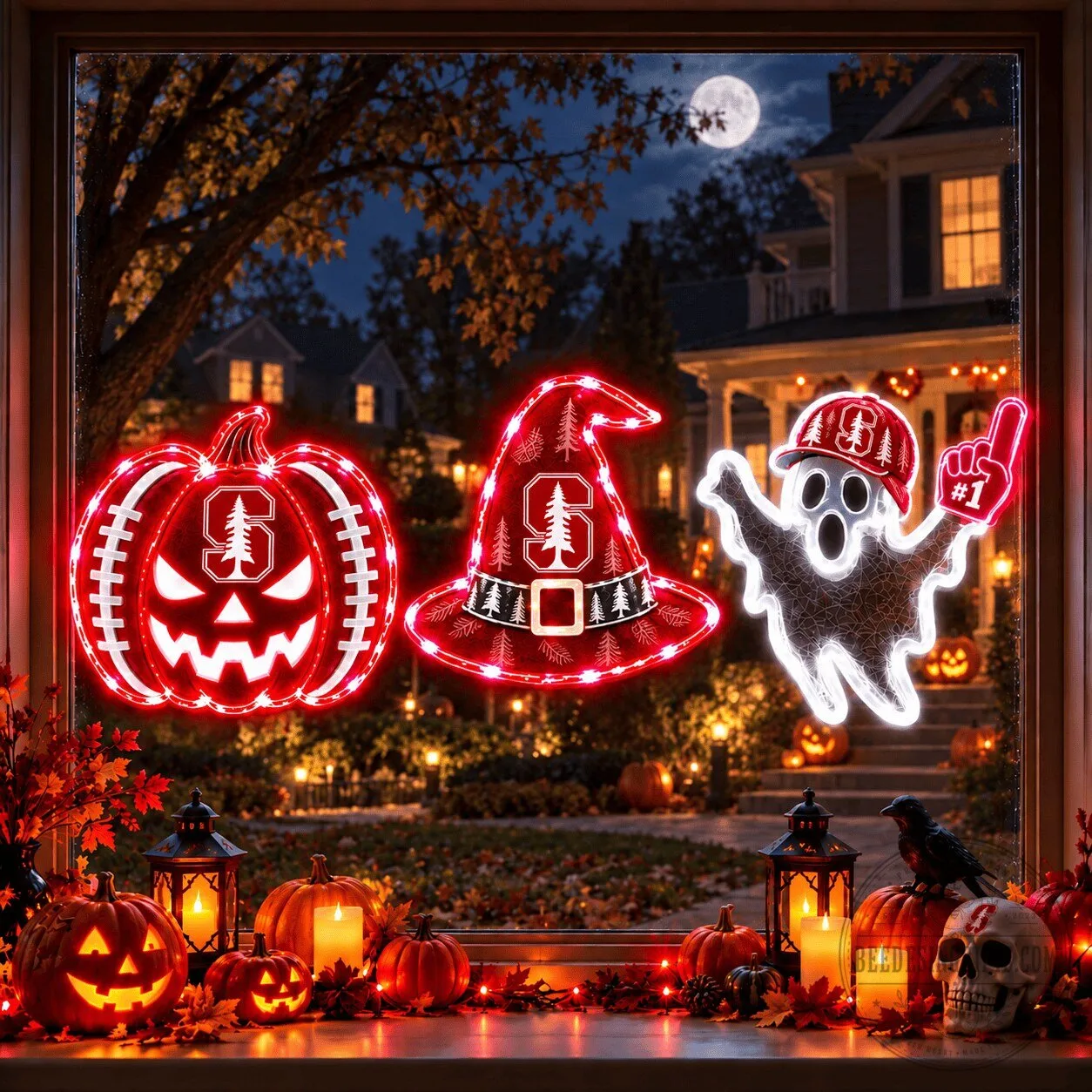 Stanford Cardinal Halloween Football Pumpkin Witch Hat Ghost Window Lights