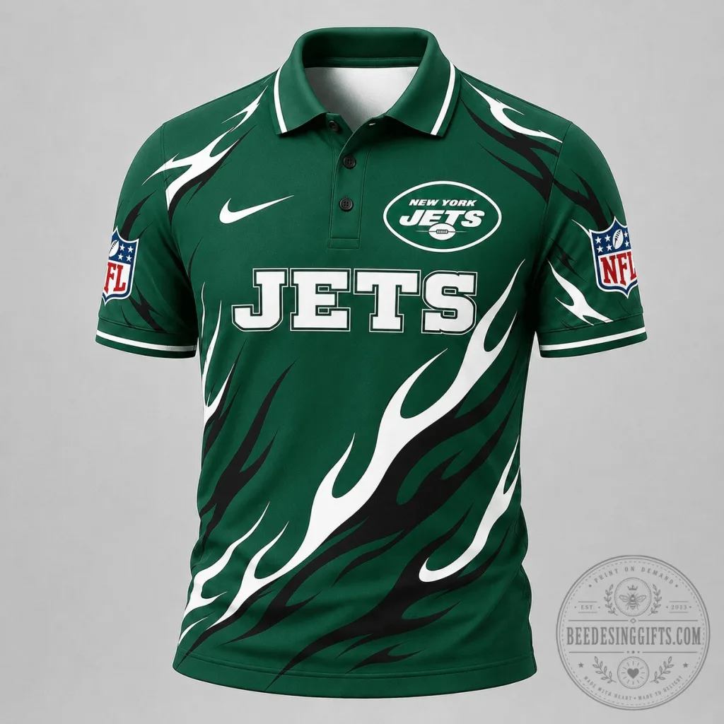 New York Jets NFL Football Team Flame Pattern Performance Polo Shirt New York Jets NFL Football Team Flame Pattern Performance Polo Shirt