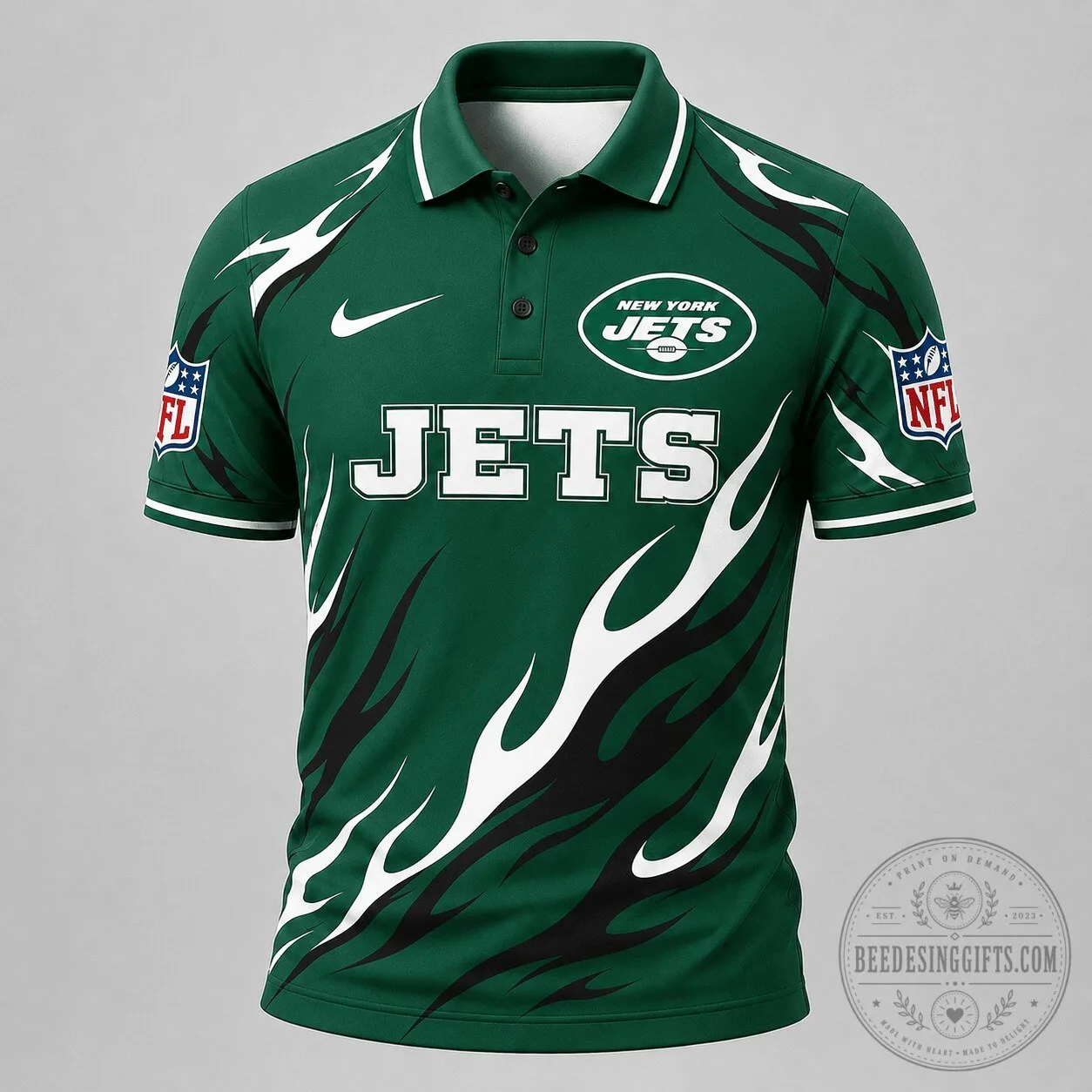 New York Jets NFL Football Team Flame Pattern Performance Polo Shirt 1 New York Jets NFL Football Team Flame Pattern Performance Polo Shirt