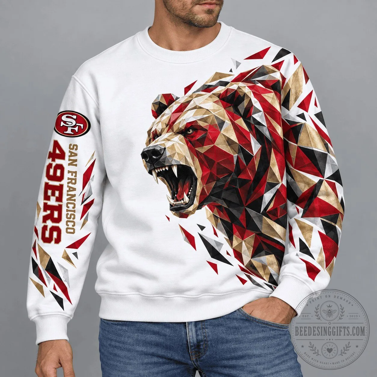 San Francisco 49ers Geometric Bear Mascot Premium Crewneck Sweatshirt 2 San Francisco 49ers Geometric Bear Mascot Premium Crewneck Sweatshirt