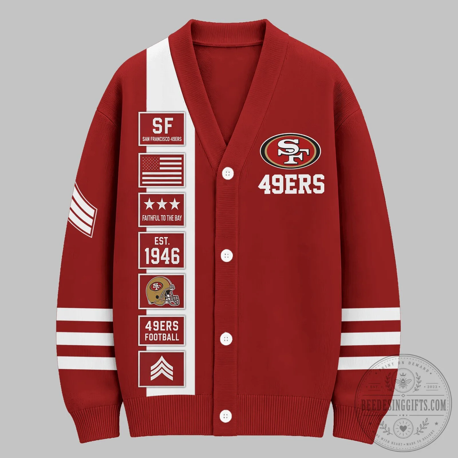 San Francisco 49ers Football Team Red Knit Cardigan Sweater