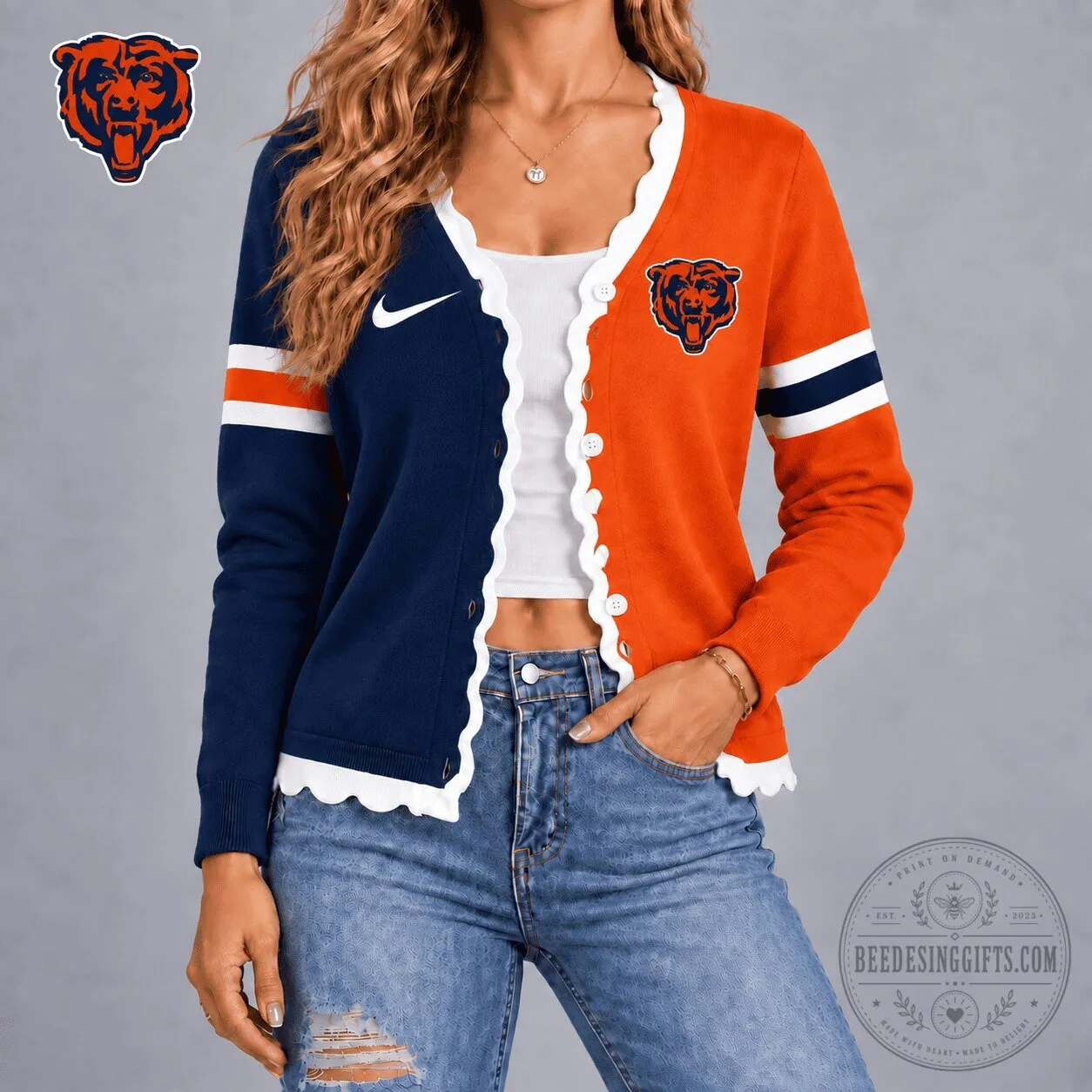 Chicago Bears NFL Varsity Stripe Scalloped Button Cardigan Sweater