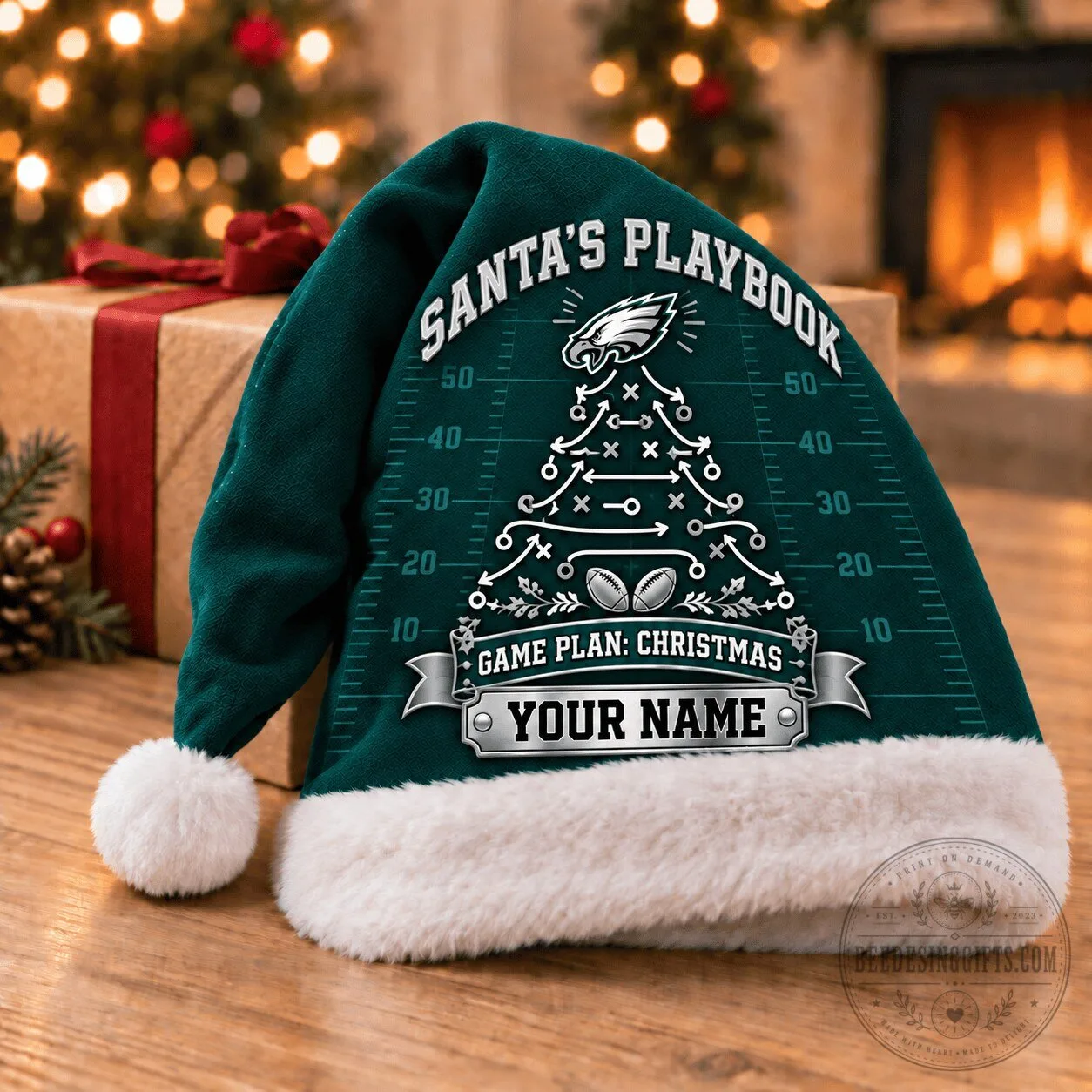 Philadelphia Eagles Fan Santa's Playbook Christmas Custom Name Santa Hat