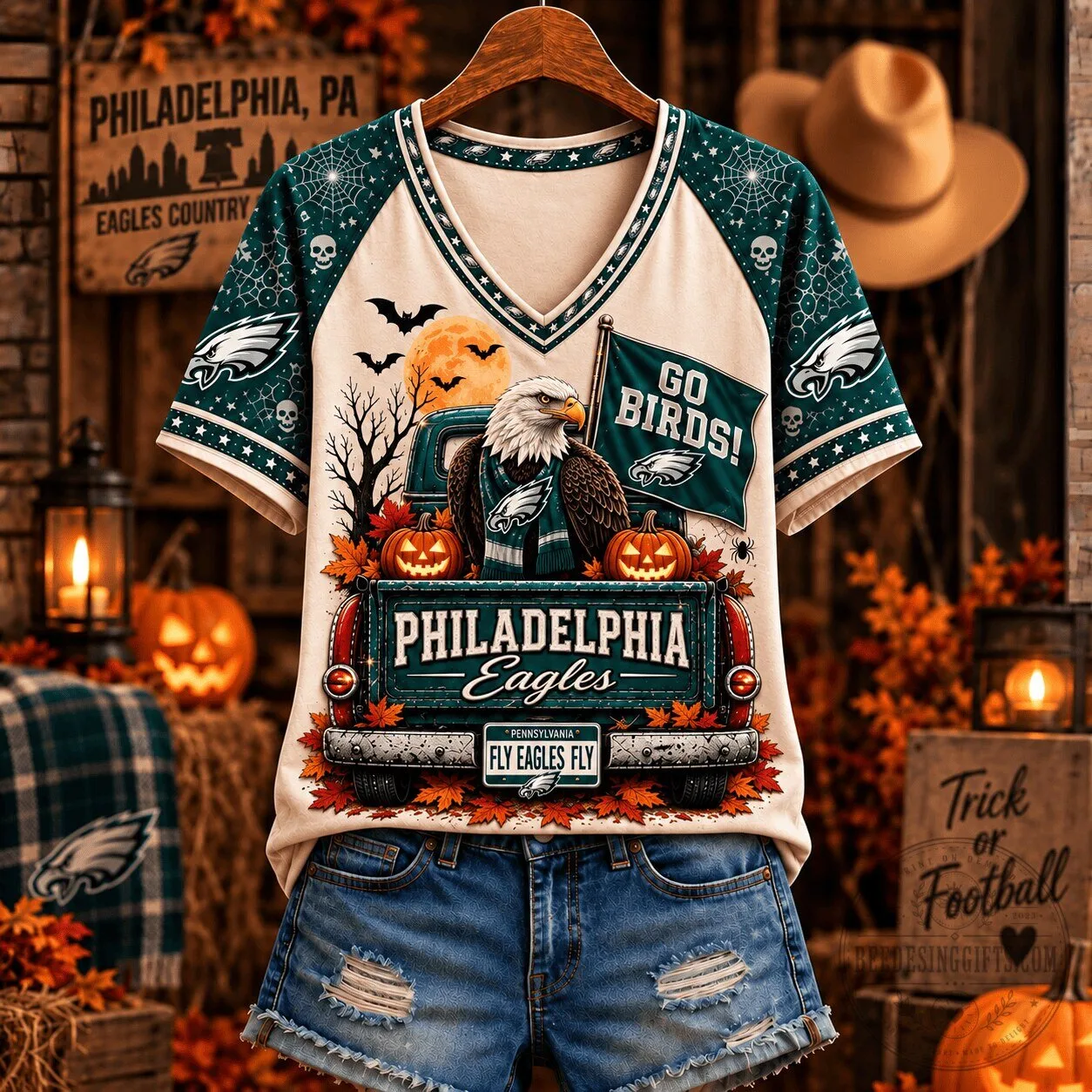 Philadelphia Eagles Fan Halloween T-Shirt for Women, Fly Eagles Fly V-Neck Tee 1 Philadelphia Eagles Fan Halloween T-Shirt for Women, Fly Eagles Fly V-Neck Tee
