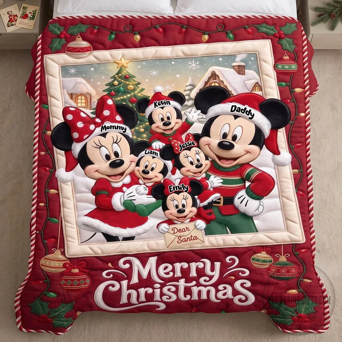 Personalized Mickey Mouse Family Christmas Portrait Quilted Blanket