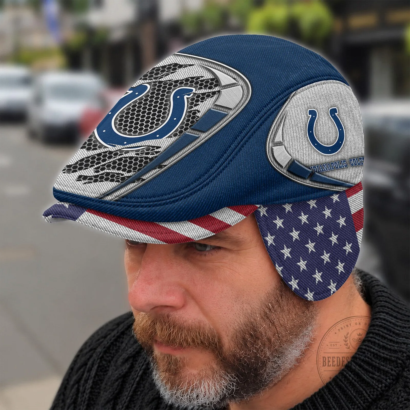 Indianapolis Colts NFL American Flag Flat Cap with Foldable Ear Flaps