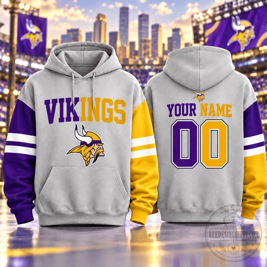 Minnesota Vikings Personalized Gold and Purple Two-Tone Varsity Hoodie Minnesota Vikings Personalized Gold and Purple Two-Tone Varsity Hoodie