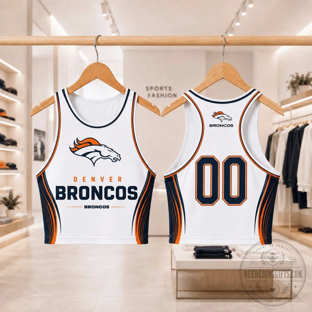 Denver Broncos Football Team White Athletic Fan Crop Top Tank Top Denver Broncos Football Team White Athletic Fan Crop Top Tank Top