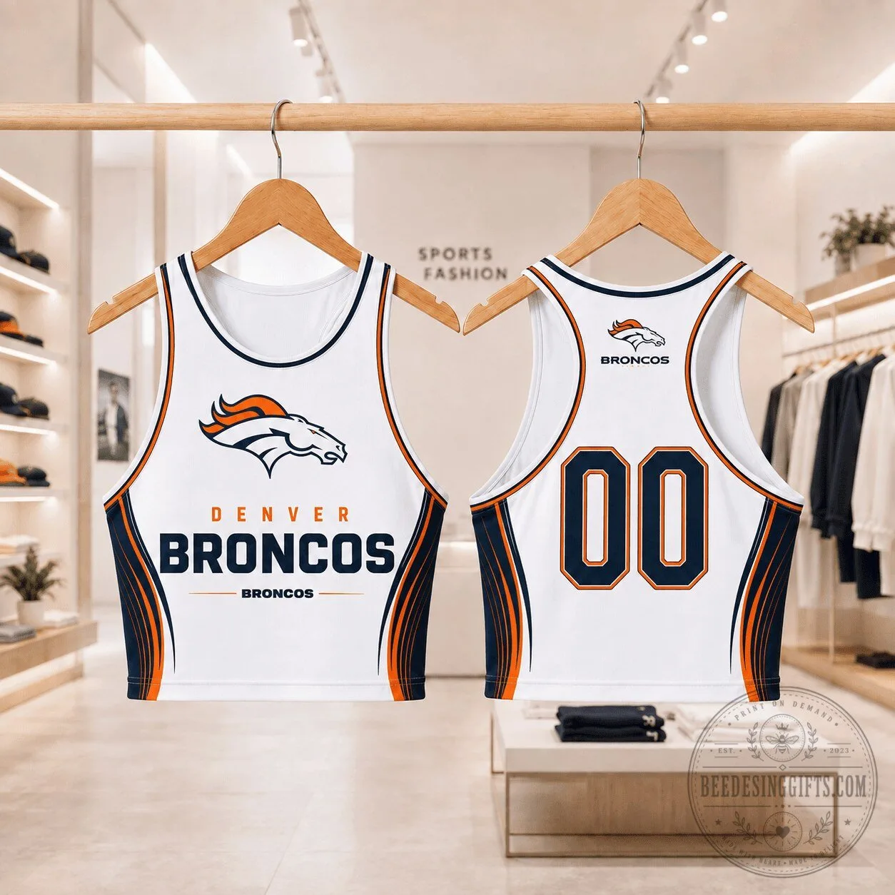 Denver Broncos Football Team White Athletic Fan Crop Top Tank Top