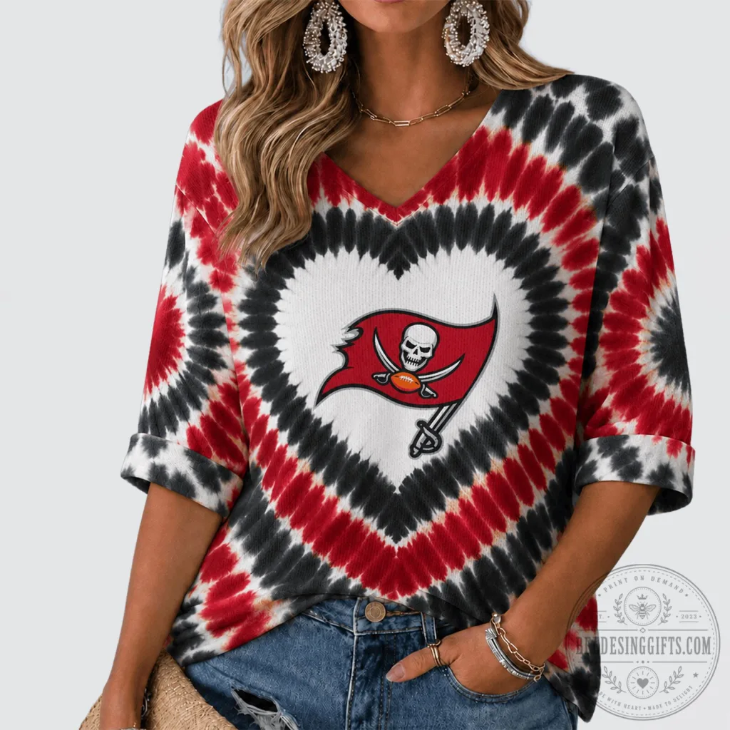 Tampa Bay Buccaneers Heart Tie Dye V-Neck Long Sleeve Shirt Tampa Bay Buccaneers Heart Tie Dye V-Neck Long Sleeve Shirt