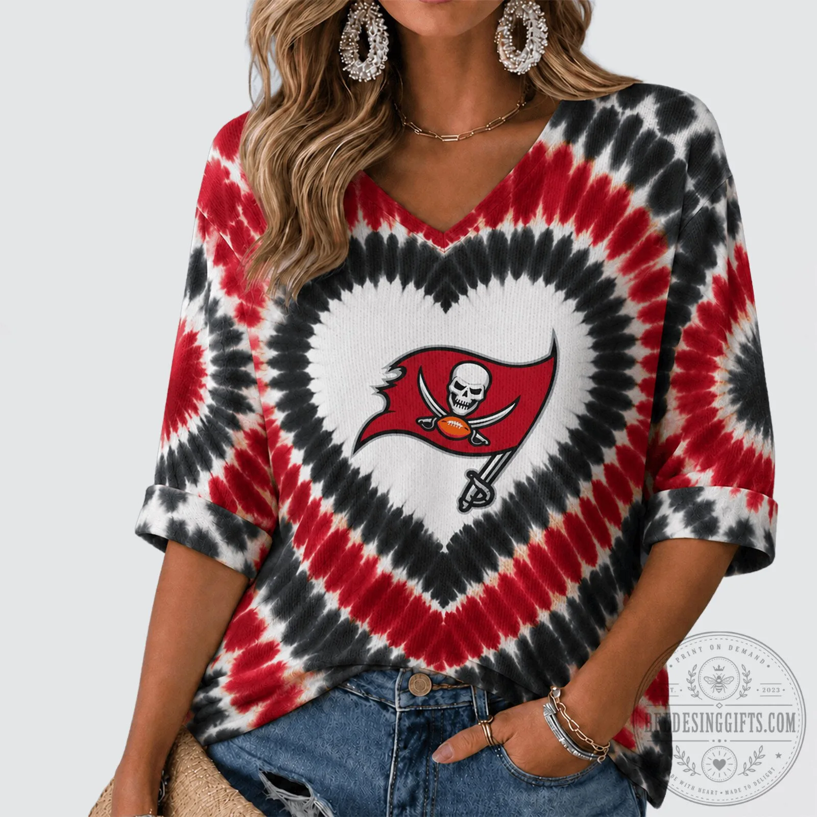 Tampa Bay Buccaneers Heart Tie Dye V-Neck Long Sleeve Shirt