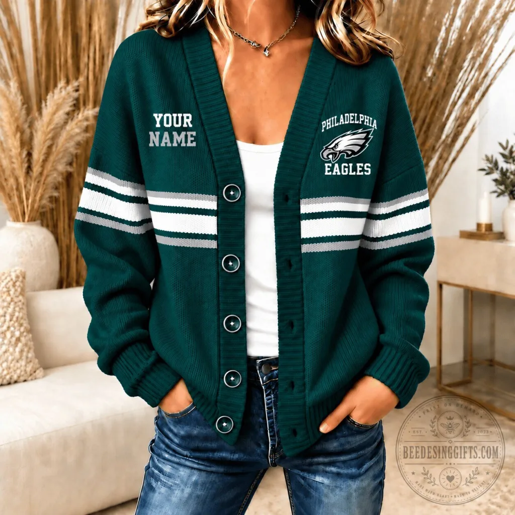 Philadelphia Eagles Fan Custom Name Knitted Cardigan Sweater for Women Philadelphia Eagles Fan Custom Name Knitted Cardigan Sweater for Women