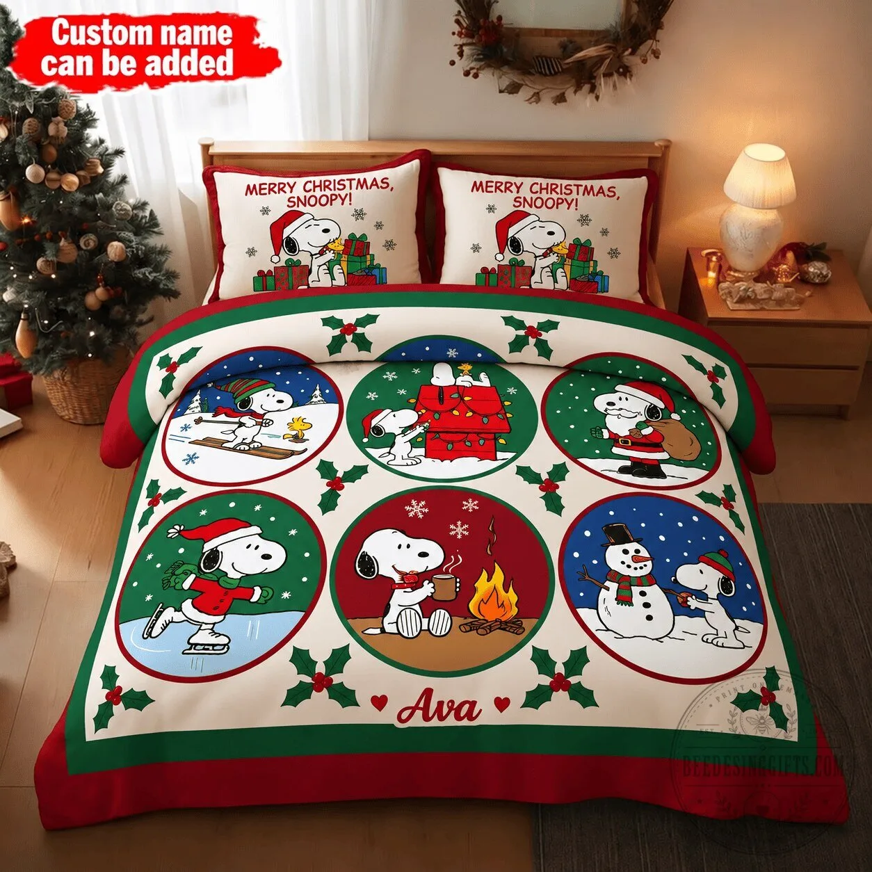 Snoopy Merry Christmas Personalized Holiday Bedding Set with Pillowcases