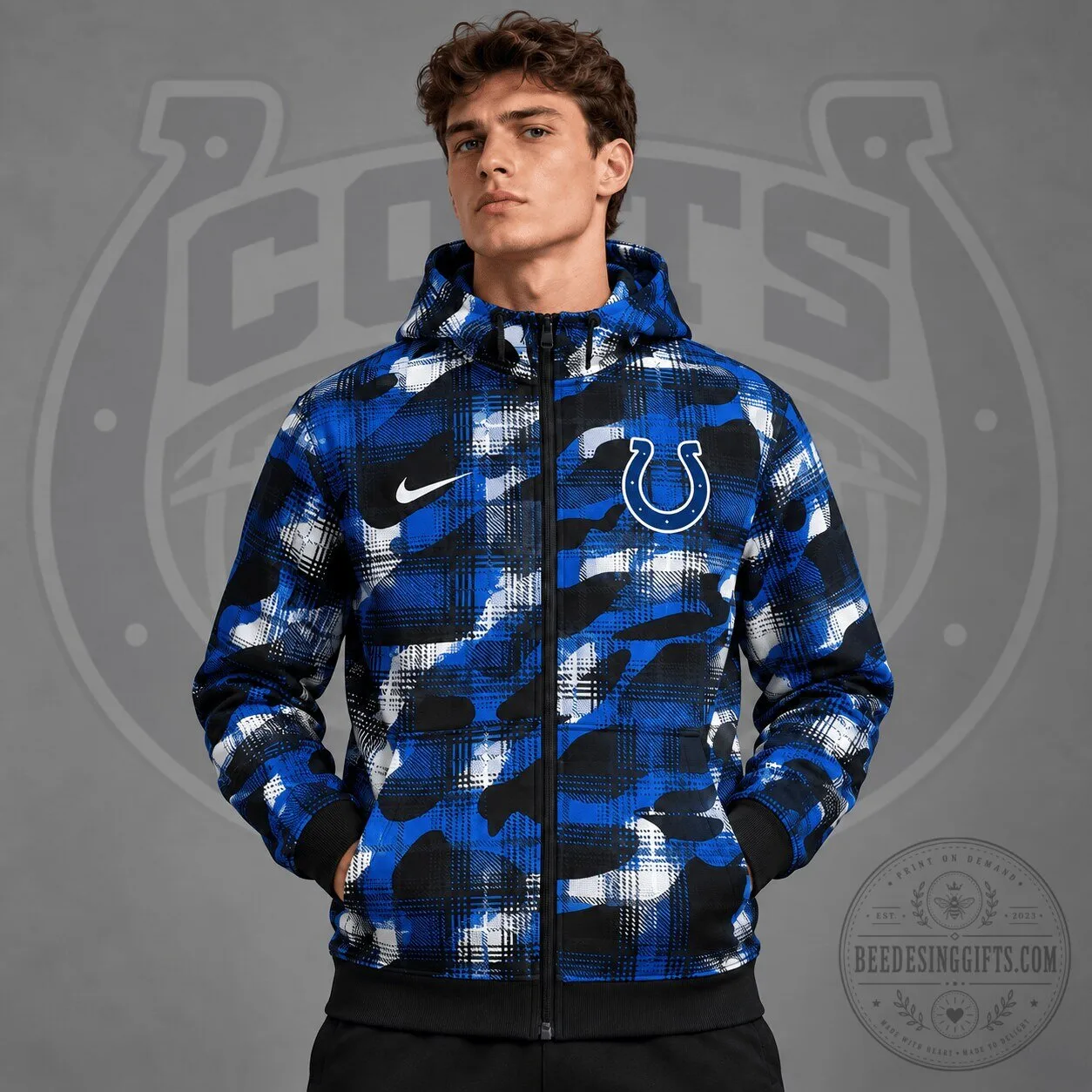 Indianapolis Colts NFL Team Crest Plaid Camouflage Full Zip Hoodie