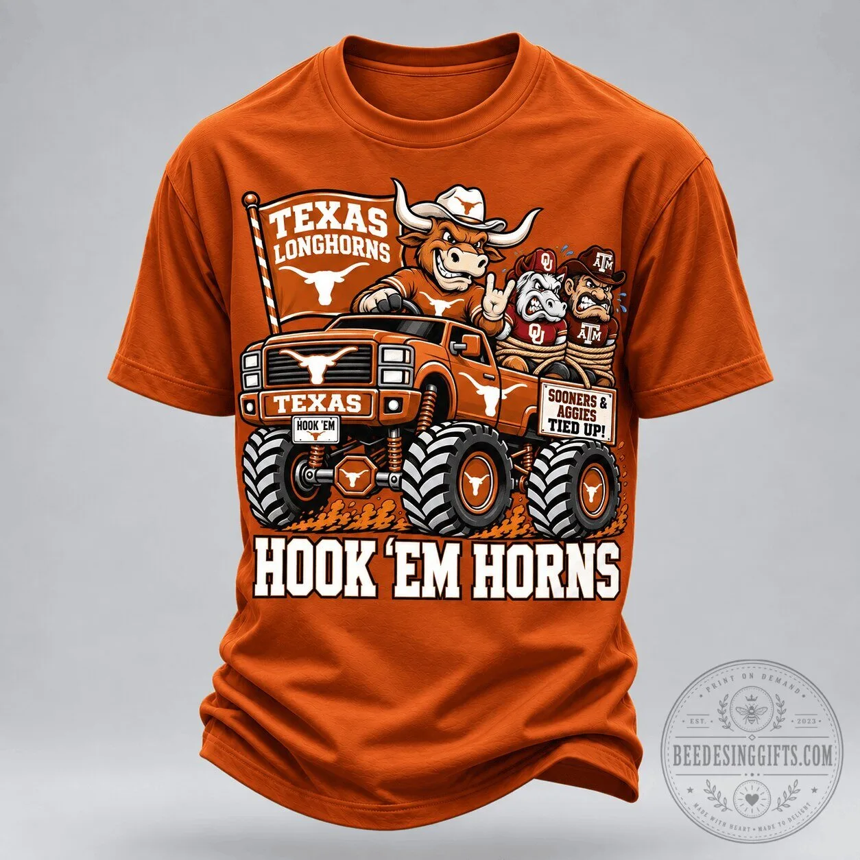 Texas Longhorns Monster Truck Tied Up Rivals T-Shirt 1 Texas Longhorns Monster Truck Tied Up Rivals T-Shirt