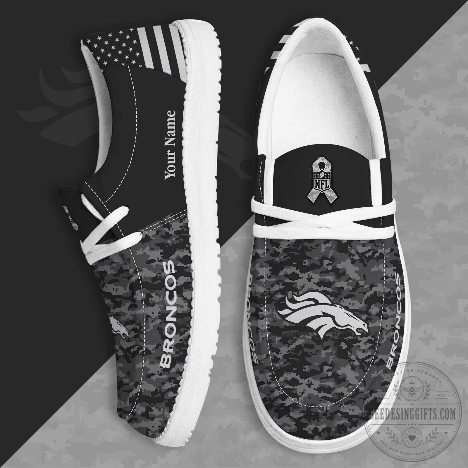 Denver Broncos Salute to Service Custom Name Camouflage Shoes for Men