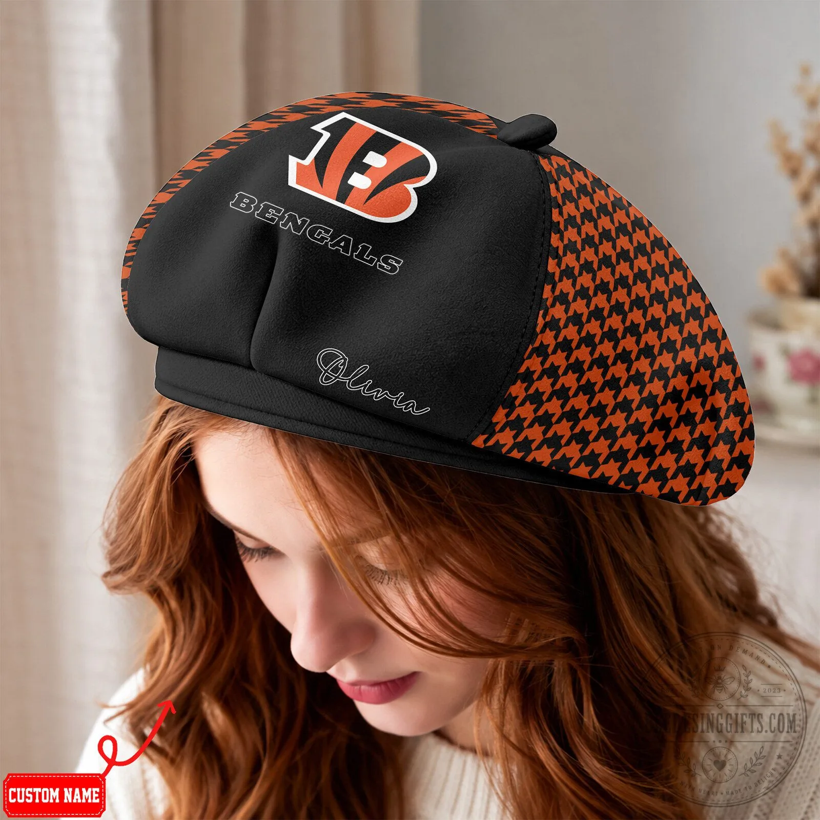 Cincinnati Bengals Houndstooth Pattern Custom Name Beret Hat