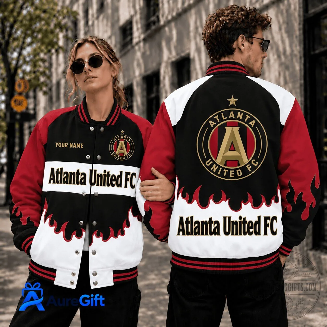 Atlanta United FC Personalized Baseball Jacket with Flame Design
