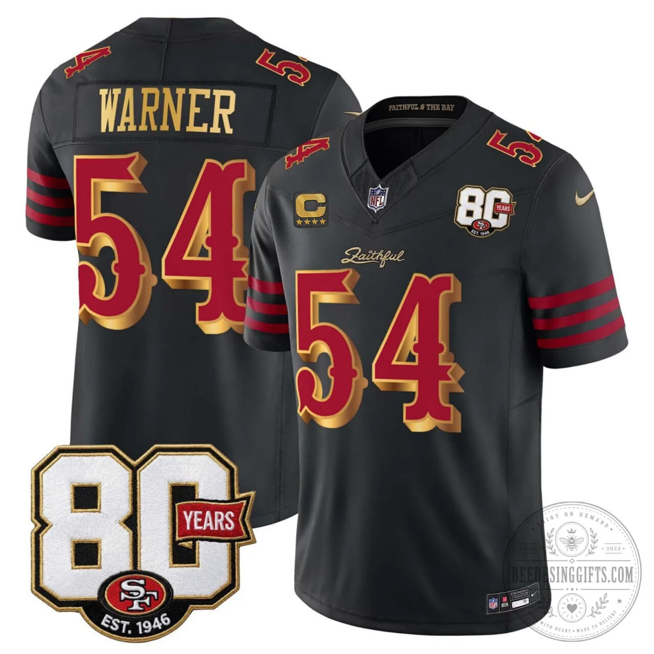 Fred Warner San Francisco 49ers Black 80th Anniversary Football Jersey 1 Fred Warner San Francisco 49ers Black 80th Anniversary Football Jersey