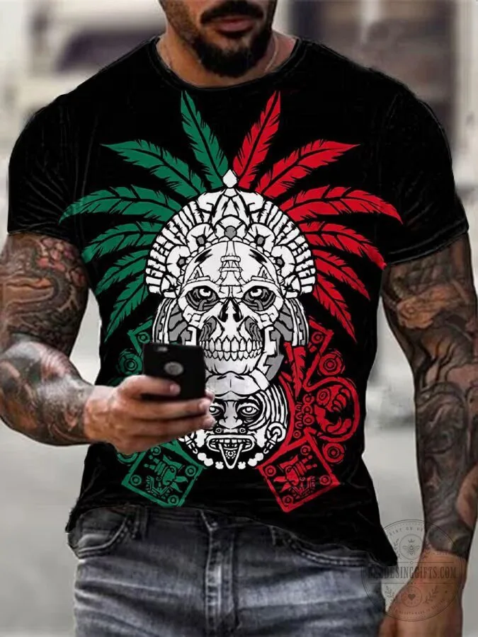 Mexican Independence Day Skull Print Black Casual T-Shirt for Men