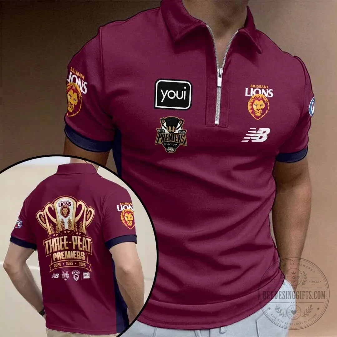 Brisbane Lions Three-Peat Premiers 2024 2025 2026 AFL Polo Shirt