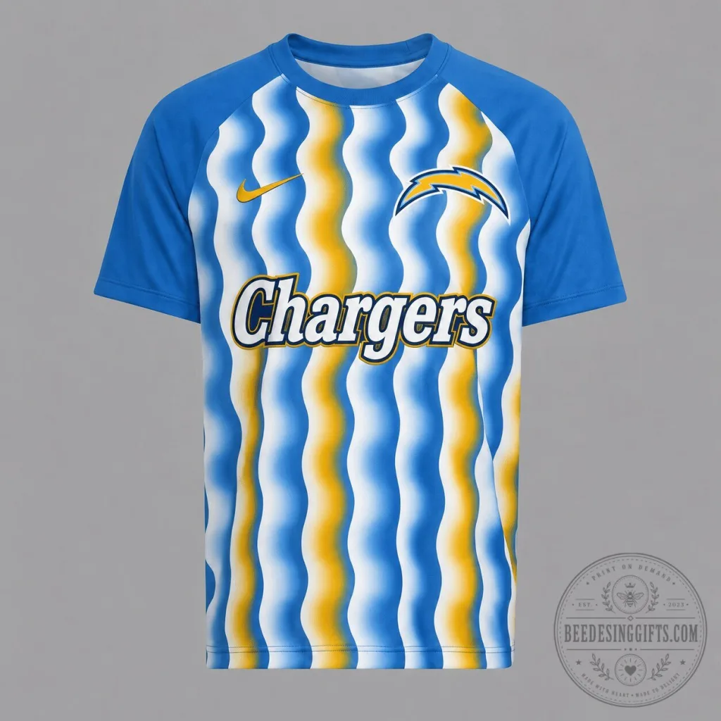 Los Angeles Chargers Wavy Pattern Blue and Gold Football Fan T-Shirt Los Angeles Chargers Wavy Pattern Blue and Gold Football Fan T-Shirt