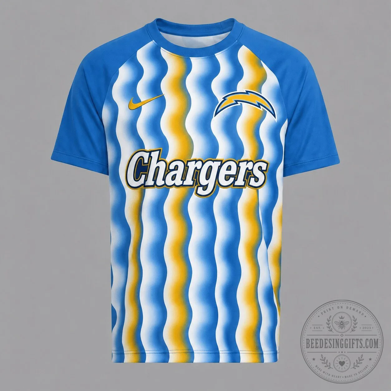Los Angeles Chargers Wavy Pattern Blue and Gold Football Fan T-Shirt