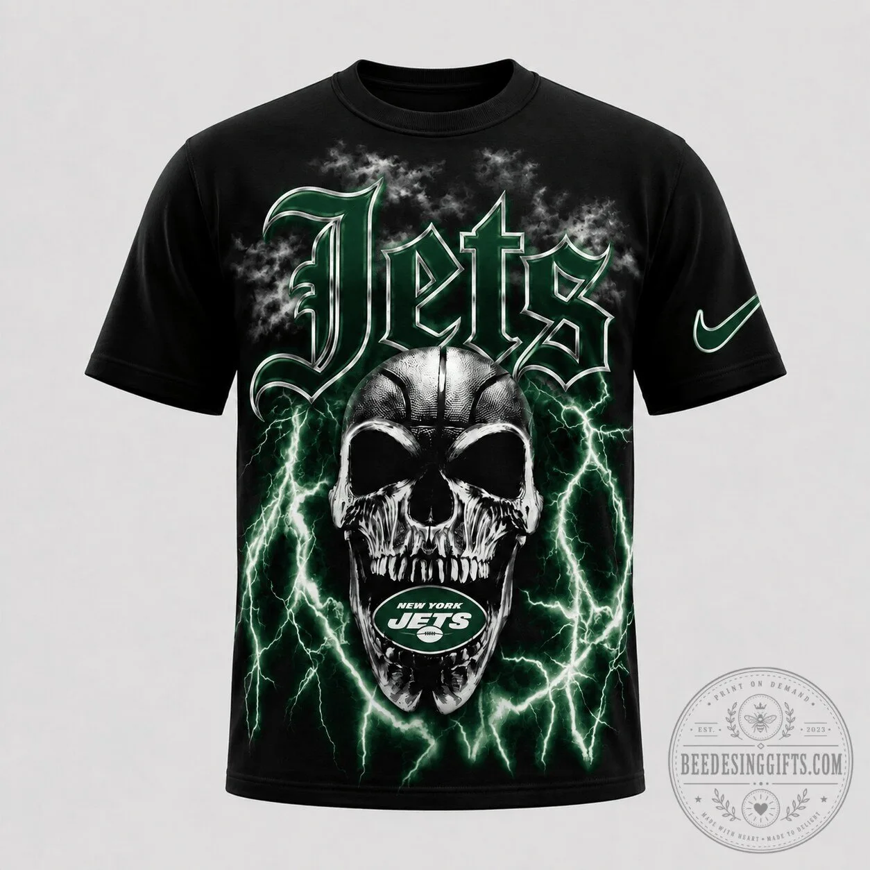 New York Jets Football Skull Lightning Graphic Black T-Shirt