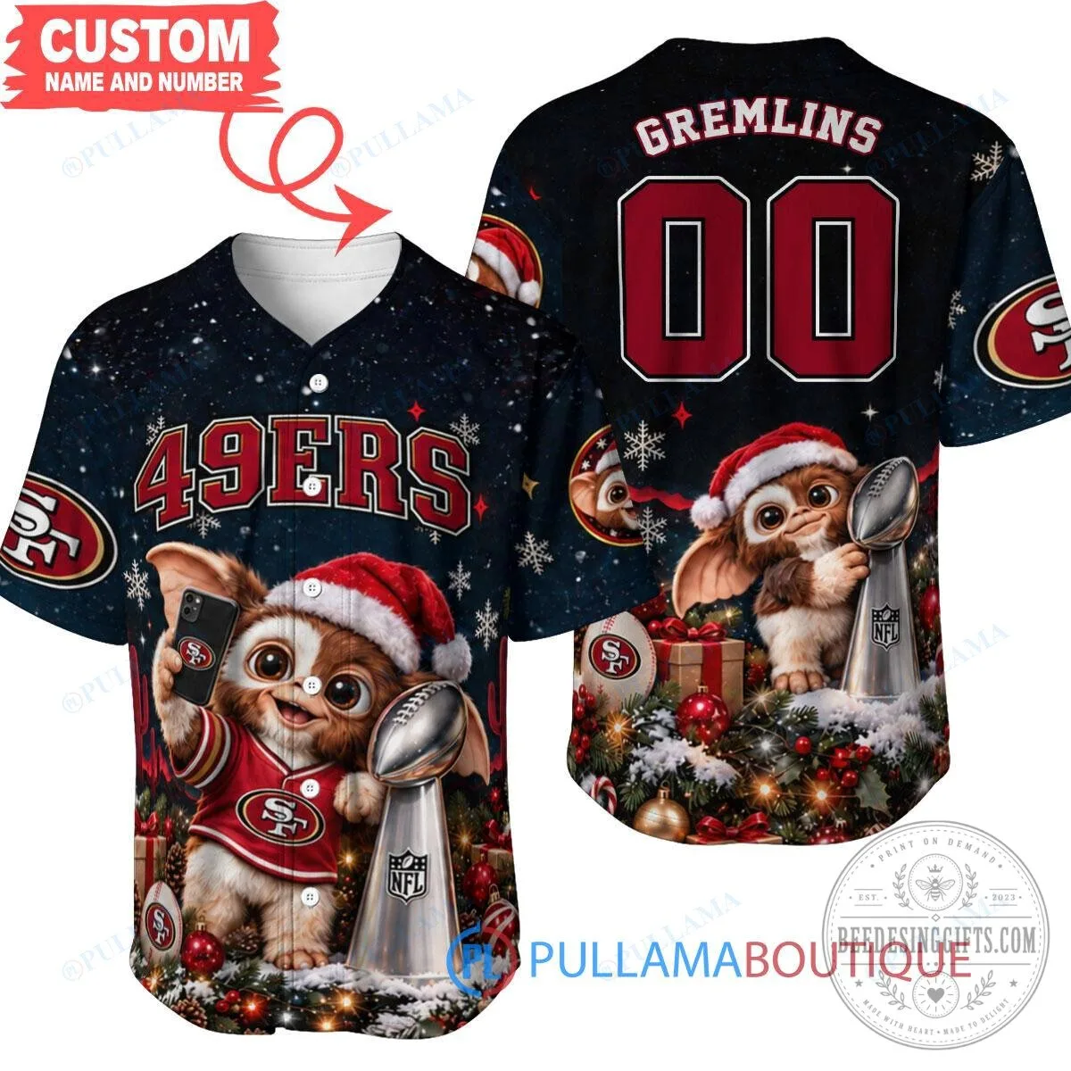San Francisco 49ers Gremlins Christmas Super Bowl Trophy Baseball Jersey