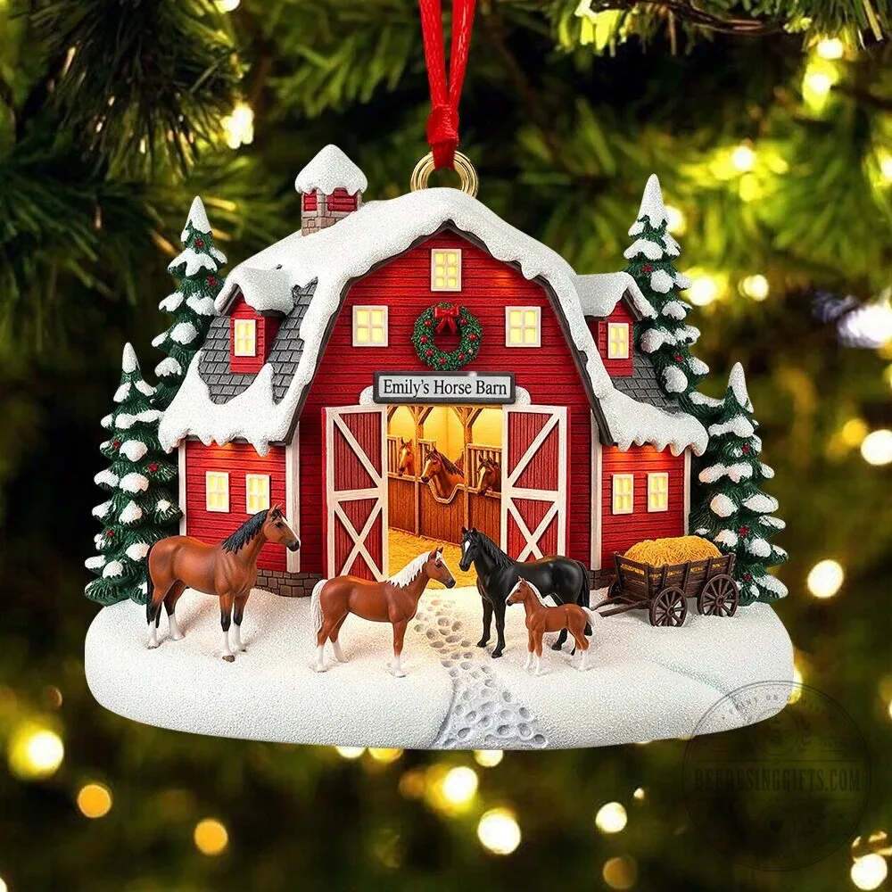 Personalized Christmas Horse Barn Farm Scene Holiday Tree Ornament