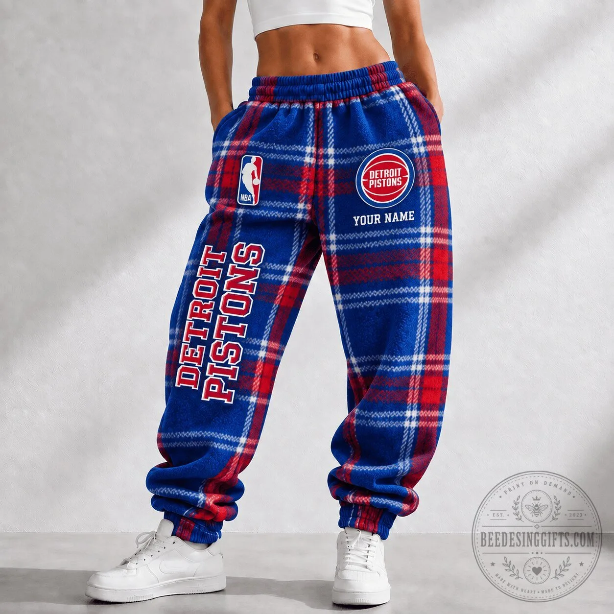 Detroit Pistons NBA Plaid Custom Name Fleece Jogger Pants